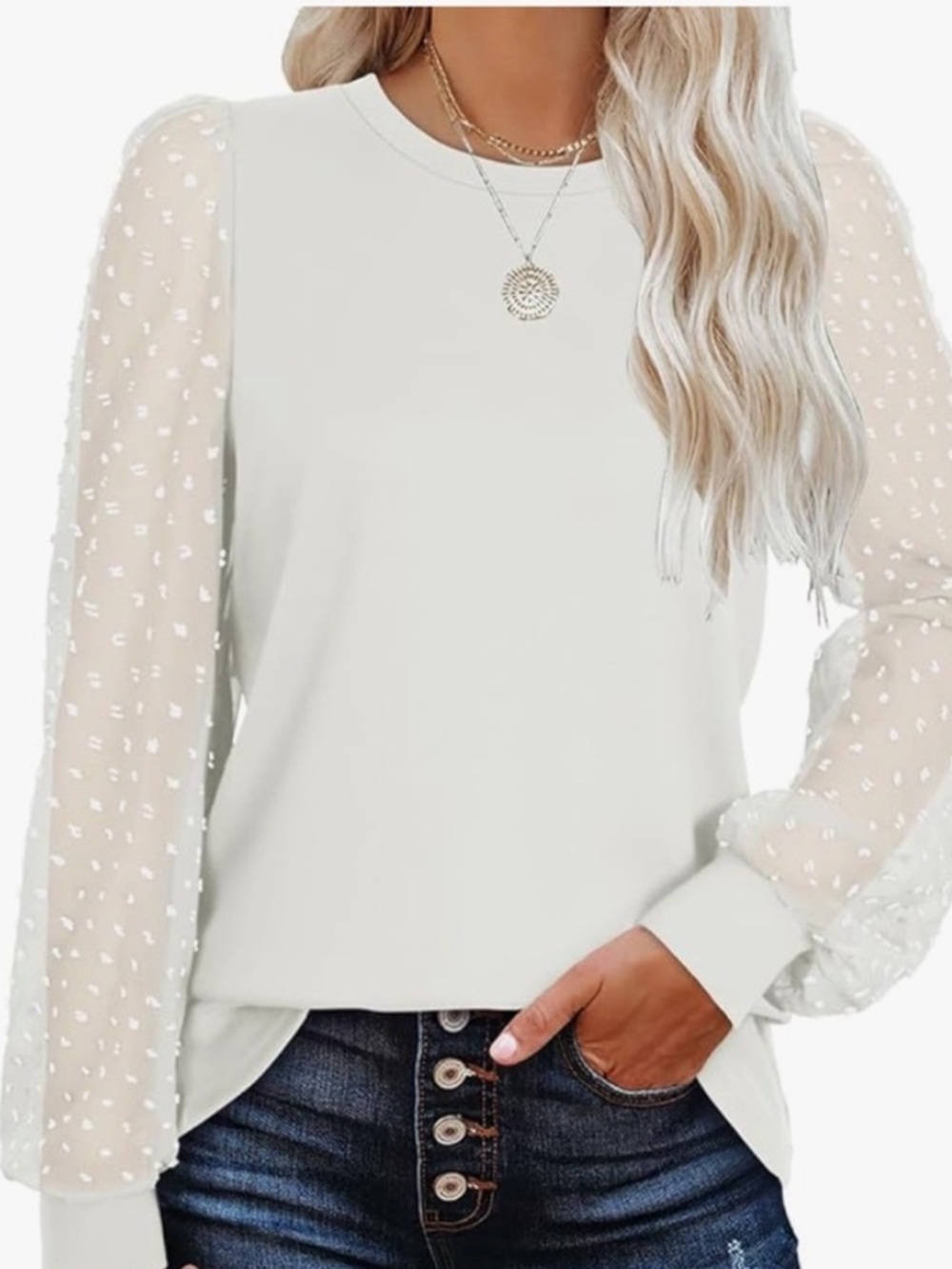 Women's Balloon Sleeve Swiss
Dot Top in Cream